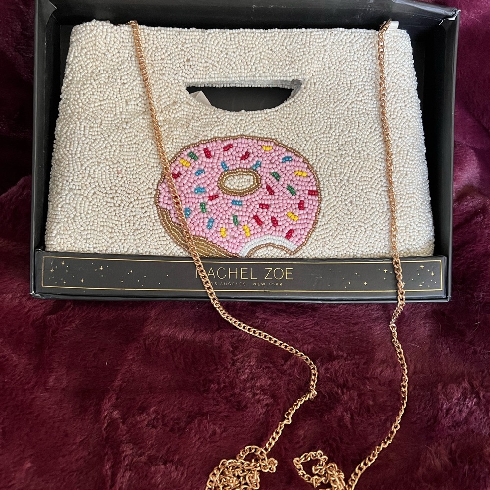 Rachel Zoe White Beaded Clutch with Pink Donut Motif